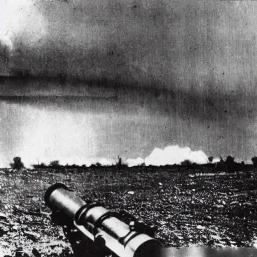 Image similar to a photo taken from inside of a trench showing a nuclear explosion in the distance, you can see the explosion's shockwave in the clouds, realistic, taken on a ww 2 camera.