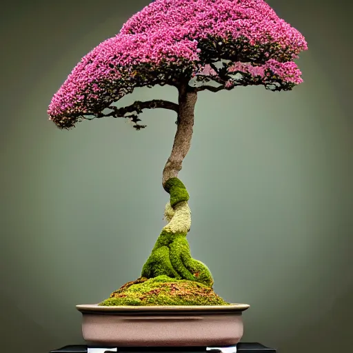 Image similar to A picture of a planet of various flowers, fungus and plants, Bonsai , in which the human figure is dressed in something magical and impressive, inside the picture is infinity, muted light, BotanicalAtmospheric phenomenon, artistic photography, muted colors, conceptual, Kodachrome