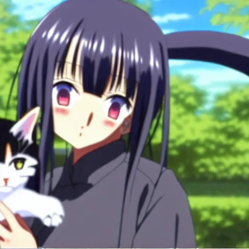 Prompt: Screenshot of Rika from the anime Higurashi no Naku Koro Ni petting a cat, Rika is petting a cute black cat, detailed eyes, detailed face