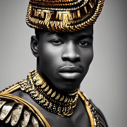 Image similar to a portrait of a beautiful young haitian male wearing an alexander mcqueen armor , photographed by andrew thomas huang, artistic