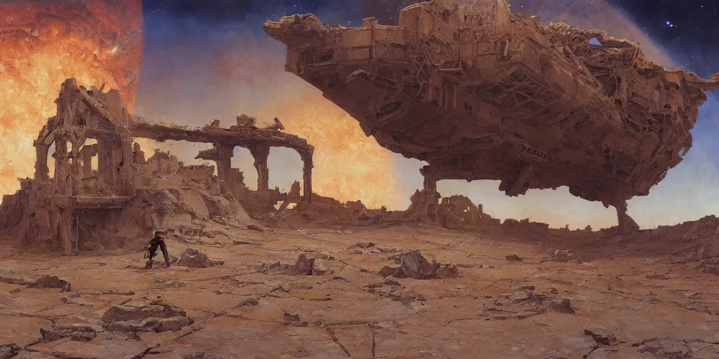 Image similar to supernova, neo brutalism space station ruins in the mars desert, painted by steve mccurry, ruan jia, raymond swanland, lawrence alma tadema, zdzislaw beksinski, norman rockwell, jack kirby, tom lovell, alex malveda, greg staples