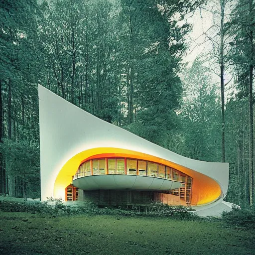Prompt: architecture ad for a mid - century modern house in the middle of the forrest designed by zaha hadid. shell. film grain cinematic colorize