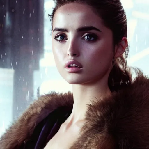 Image similar to a movie still of ana de armas in blade runner beautiful face, intricate, extremely detailed, modeling photography, 8 0 mm camera, body and face, rule of 3 rds, well proportioned