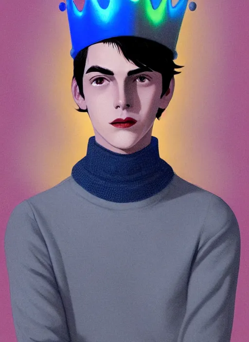 Image similar to portrait of teenage jughead jones wearing a light grey crown, crown, blue turtleneck, 1 9 5 0 s, closed eyes, photorealistic, black hair, glowing lighting, intricate, elegant, glowing lights, highly detailed, digital painting, artstation, concept art, smooth, sharp focus, illustration, art by wlop, mars ravelo and greg rutkowski