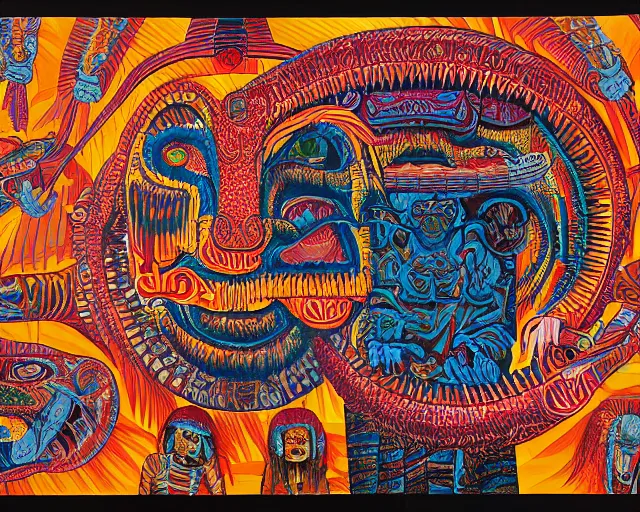 Prompt: a detailed acrylic painting of mayan jaguar warrior, the artist is charles burns, alex grey, cut out collage 1 9 7 6.