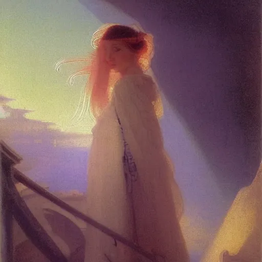 Image similar to young woman's face, her hair is white and she wears a cobalt blue duchesse satin cloak, by syd mead and moebius and roger dean and gaston bussiere and ivan aivazovsky and willem claesz and pieter claesz and paul delaroche and alma tadema and aelbert cuyp, hyperrealistic, volumetric light, octane