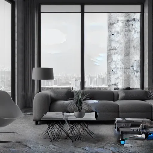 Image similar to brutalist open living room, big windows, showing city landscape on background, minimalist architecture, minimalist furniture, octane render, high quality, 8 k, post production