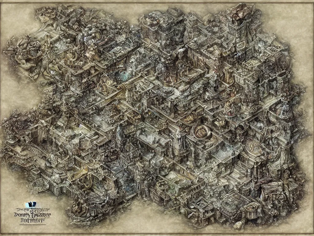 Image similar to an isometric disney dark fantasy map of a continent bordered by ocean by brian froud and hr giger