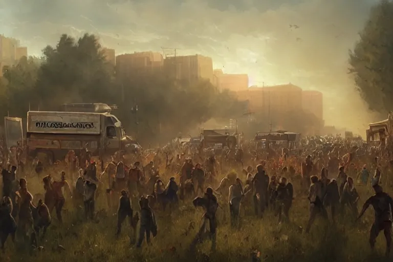 Image similar to a crowd zombies having a tailgate party, matte painting, long shot, concept art, wide shot, digital art, trending on artstation, 4 k, extremely detailed, realistic, midday, warm colors, golden sunlight, by greg rutkowski, cinematic, epic