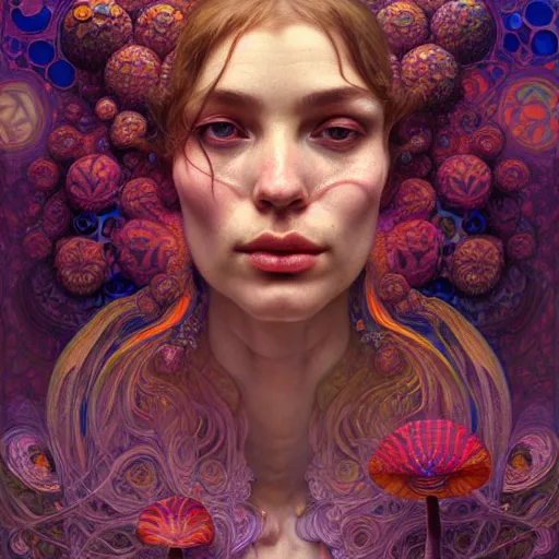 Prompt: An extremely psychedelic portrait, surreal, mushrooms, face, detailed, intricate, elegant, lithe, highly detailed, digital painting, artstation, concept art, smooth, sharp focus, illustration, art by Krenz Cushart and Artem Demura and alphonse mucha