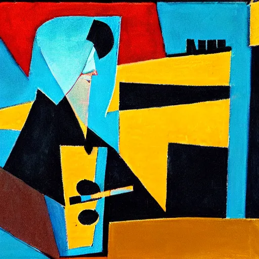 Image similar to beautiful sunset, man playing a saxiphone, cubism, muted colors, texture