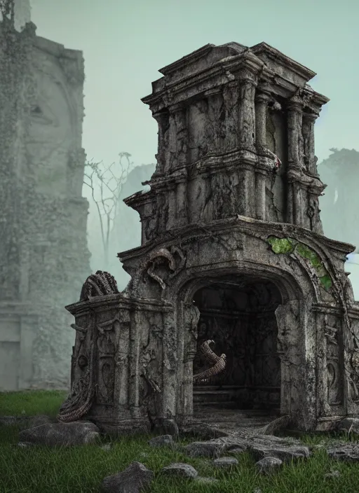 Image similar to ruined ancient lichen covered monument surrounded by biomechanical creatures, ultra realistic, hyper detailed, 8k, octane render