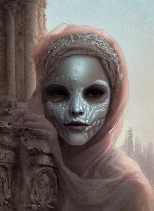 Image similar to close up of a veiled half scull mask girl on the ruins temple, looking at the camera very curiously, fingers on lips, smog on the floor, extremely beautiful and aesthetic and attractive and cute detailed face and body, intricate, chiaroscuro, model pose, fantasy illustrations, vogue cover, by makoto shinkai and jeremy lipking and ferdinand knab