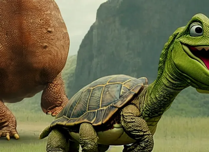 Image similar to film still of yoshi in the new sci - fi movie, cute upright standing upright upright dinosaur standing on its hind legs with a small turtle shell and long tongue, 8 k