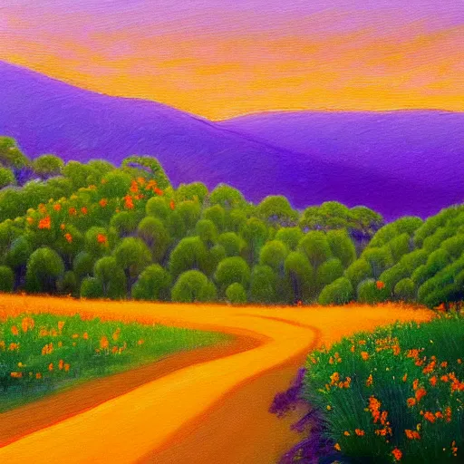 Prompt: a painting of a dirt road surrounded by eucalyptus trees and california golden poppies, violet woodland hill in the distance, violet sunset. an oil painting by magali villenueve, green orange violet triadic color palette, featured on deviantart, australian tonalism, pre - raphaelite, impressionism, detailed painting