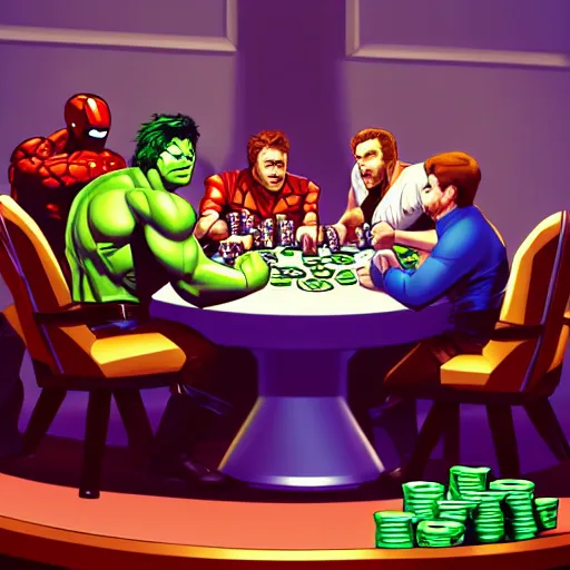 Image similar to The Avengers playing Texas Hold'em Poker at a round table, Hulk going all in, trending digital art, artstation