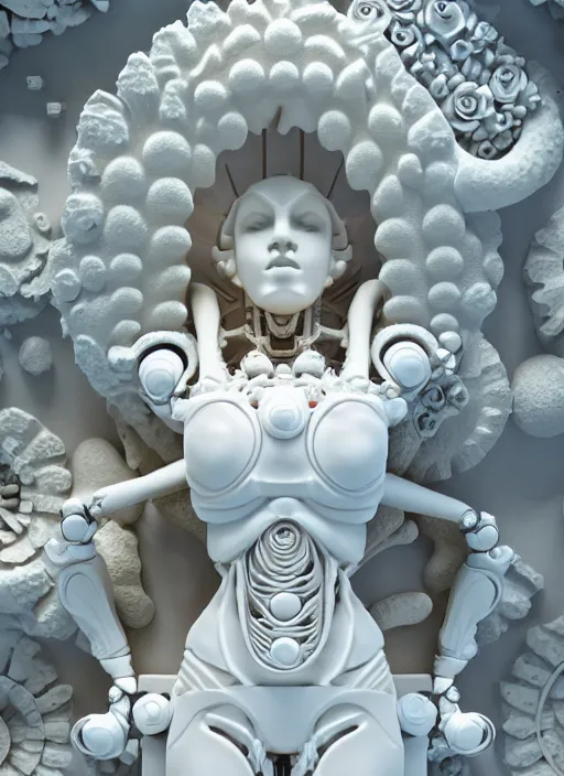 Image similar to biomechanical white yoga room made of corals, daisies, roses, well contoured smooth fair walls with marble statue, up close shot, sharp focus, global illumination, radiant light, alexandre ferra white mecha, irakli nadar, octane highly render, 4 k, ultra hd,