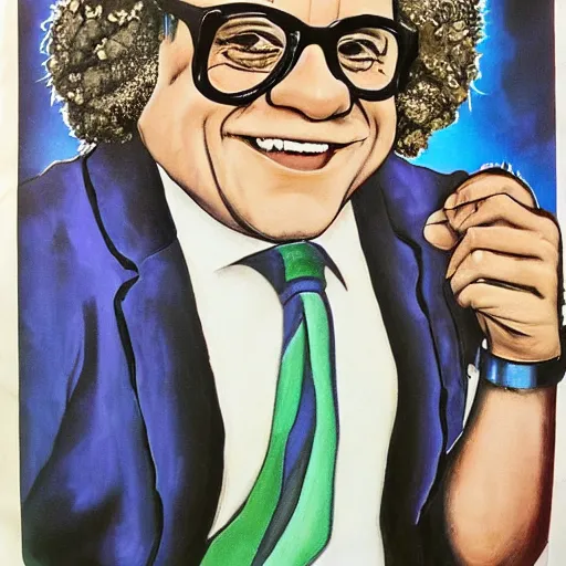 Image similar to danny DeVito dressed as a bob ross 1970s street artist, realism, detailed