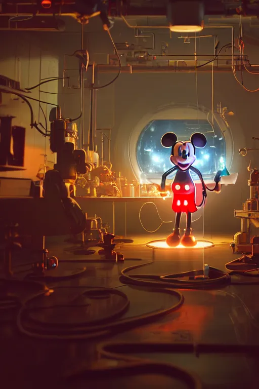 Prompt: bunch of mechanics operating bloody mickey mouse in science facility, big glowing netflix logo behind, greg rutkowski, beeple, gilleard, alphonse mucha cgsociety, unreal engine, octane render, highly detailed 4 k art, smooth, sharp focus, cinematic lighting,