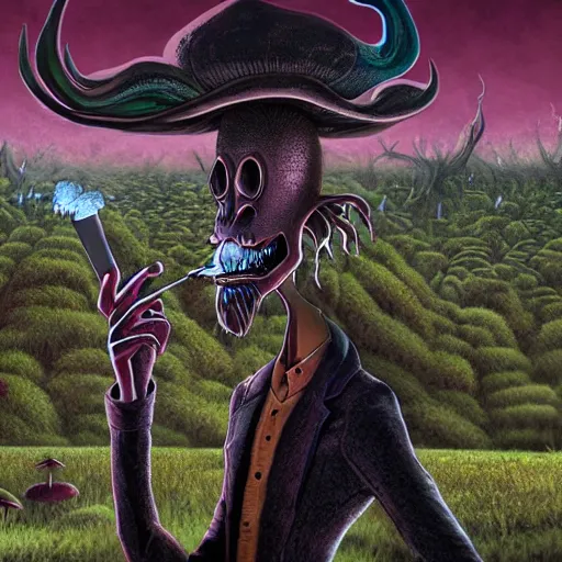 Image similar to 4 k headshot portrait of a psychedelic demonic anthropomorphic wendigo smoking a hand - rolled cigarette smoking heavily, magic mushroom village in background. award winning. superb resolution. in the art style of junji ito and greg rutkowski. detailed mushroom city in background. hyper realistic anime. perfect art. dalle 2