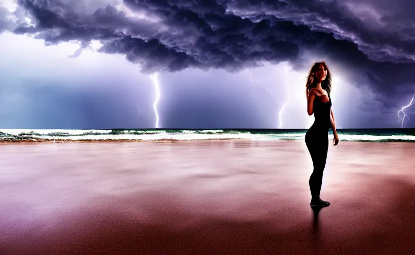 Prompt: a hyperdetailed photorealistic beautiful woman standing on a beach in a severe thunderstorm, rain, global illumination, volumetric lighting, cinematic framing, cinematic lighting, cinematic shadows