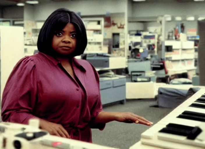 Image similar to cinematic shot of octavia spencer in an small used electronics store hands on an old electronic keyboard, iconic scene from the paranoid thriller sci fi film directed by stanley kubrick, anamorphic cinematography, beautiful composition, color theory, leading lines, photorealistic, moody volumetric light