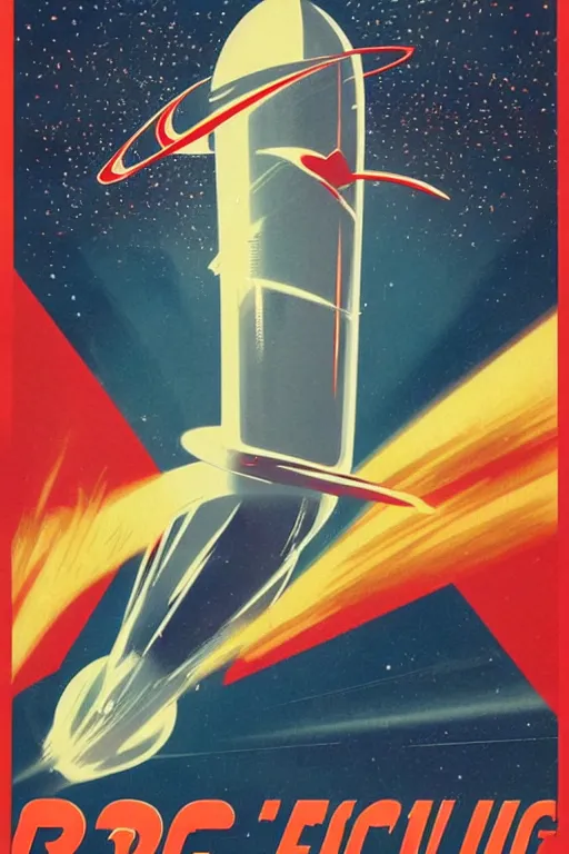 Image similar to poster of rocket flying through space, 1 9 5 0 s style, futuristic design, dark, symmetrical, washed out color, centered, art deco, 1 9 5 0's futuristic, glowing highlights, intense