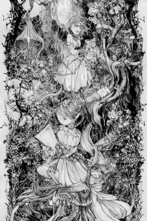 Image similar to Beautiful Alice in wonderland tarot card , pen and ink, intricate line drawings, by Yoshitaka Amano, Ruan Jia, Kentaro Miura, Artgerm, watercolor