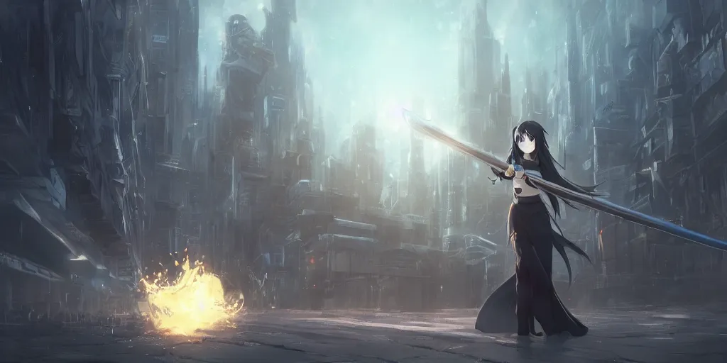 Image similar to girl with long black hair and a long black sword in front of a sci fi cityscape, ryohei fuke, makoto shinkai, detailed, cinematic, ultra - wide angle, dark sepia toned shading, luminescent eyes, blue fire.