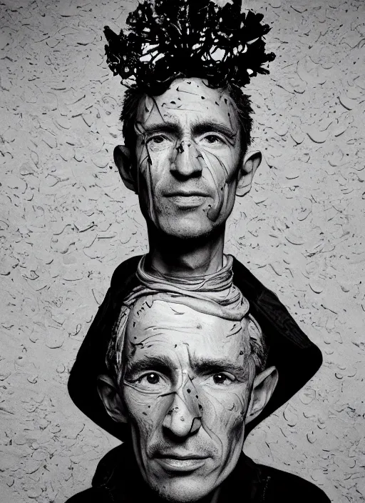 Image similar to a portrait of woody guthrie by erwin olaf and nekro borja, photorealistic, intricate details, hyper realistic, dark fantasy, rococo onyx headpiece, crystals, photorealistic, canon r 3, photography, symmetrical features, symmetrical pose, wide angle shot, head to toe, standing pose, feet on the ground