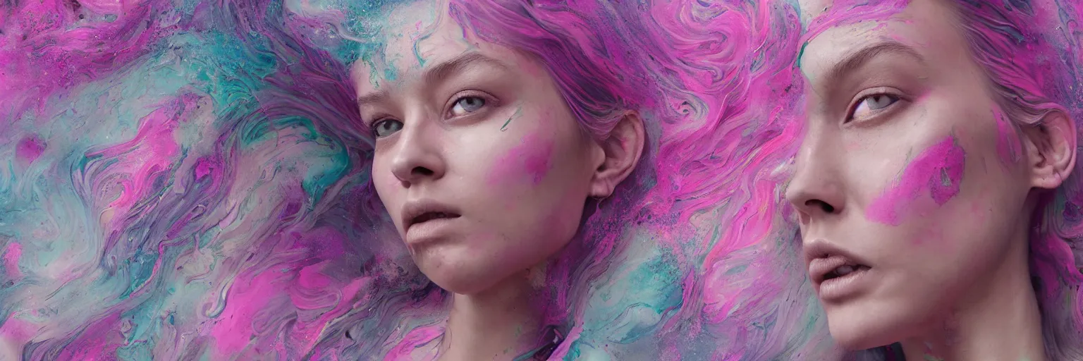 Prompt: A portrait of a very beautiful goddess with pink and grey hair radiating an artwork made of swirling paint and impasto by James Jean and WLOP , background is multicoloured volumetric displacement, hyperrealism, subsurface scattering, arnold render, noise to volume, 8k, houdini, xparticles