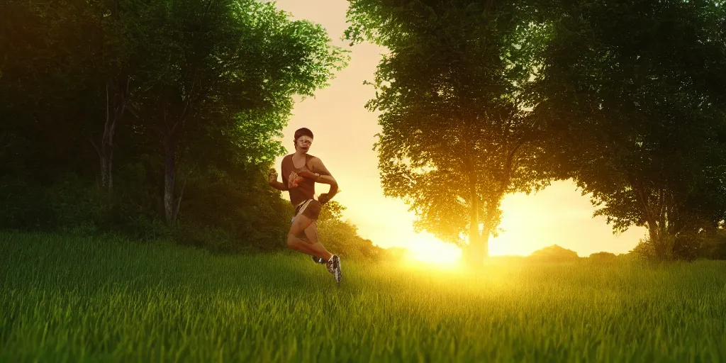 Prompt: Render of a young man running through a lush green countryside, with the sun setting over the sea, trending on artstation, 4k, soft focus