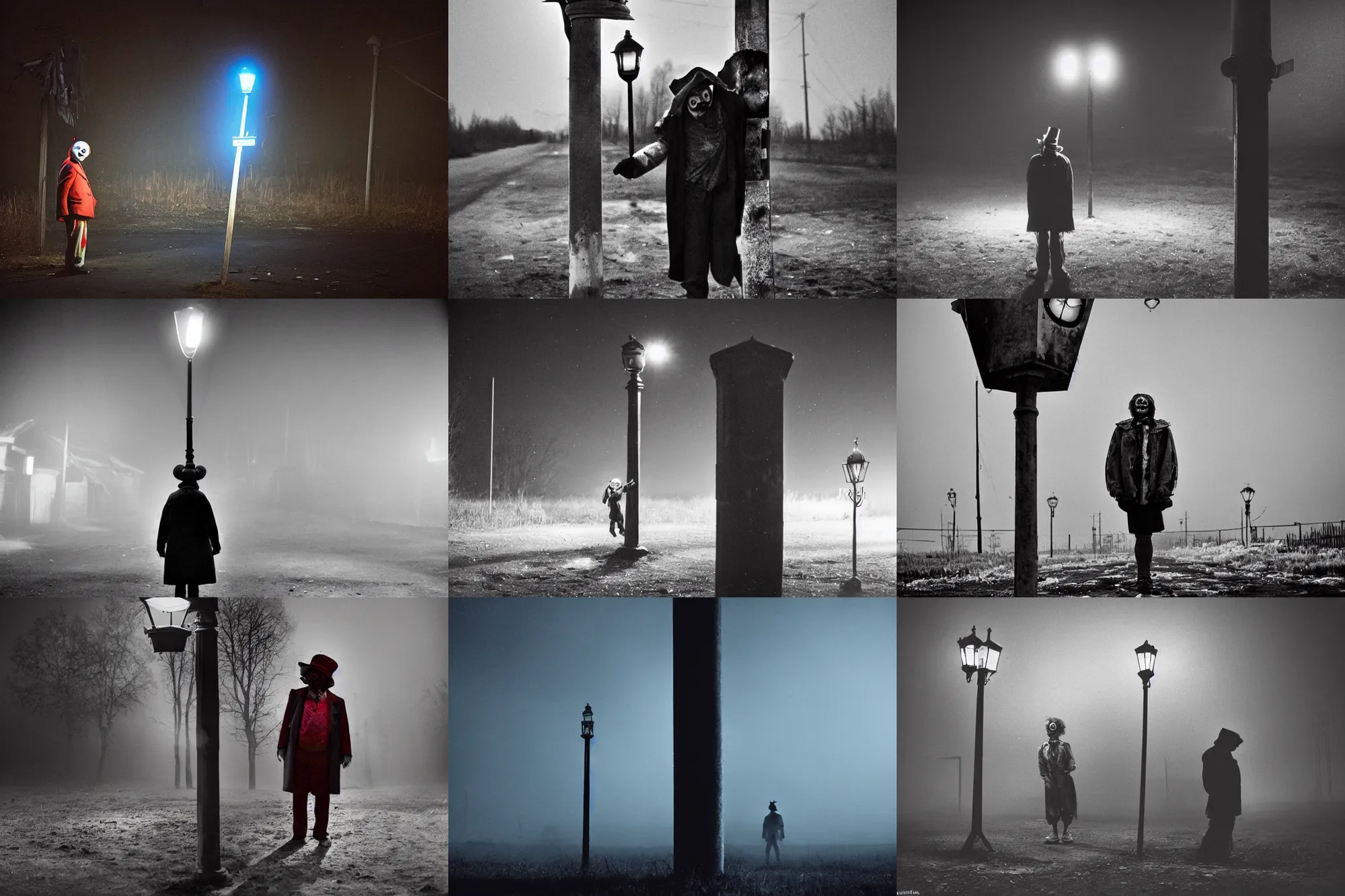 Prompt: a thin scary clown in torn clothes stands under a lamppost that shines a blue light on the clown, pitch darkness around the post, everything happens in an old Soviet village, Cinematic, filmic, 35mm, dark atmosphere, horror, scary, Wildlife photography