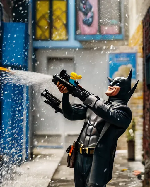 Image similar to happy batman firing super soaker water gun in an alleyway, everyone having fun, toy product advertisement, photography