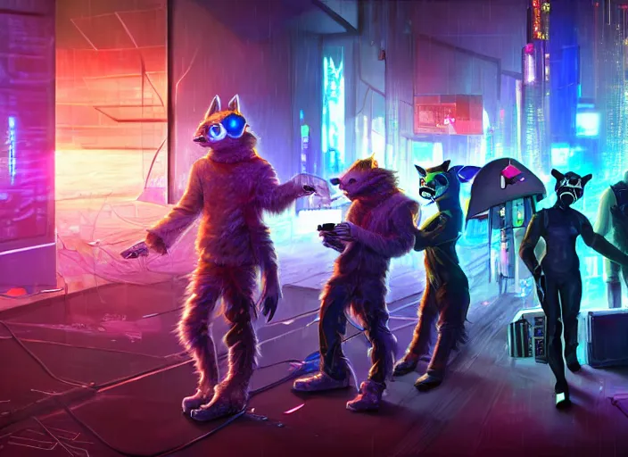 Image similar to high - resolution photograph from a cyberpunk era furry fandom convention ( midwest furfest 2 0 4 7 ), taking place after the genetic revolution and quantum singularity. photorealistic.