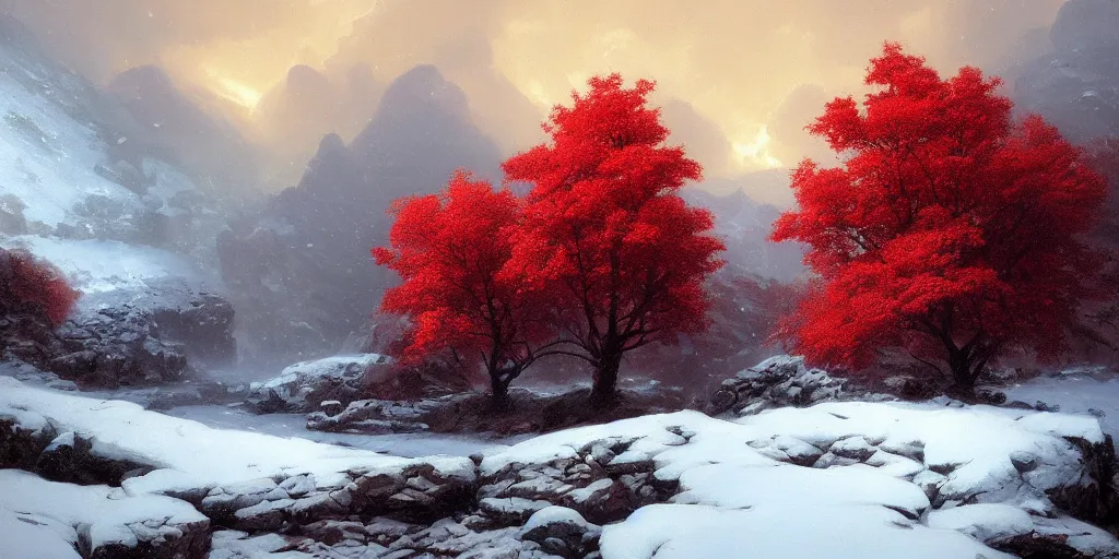 Image similar to A beautiful oil painting of a rocky valley covered in snow, trees with red leaves, thunderstorm in the sky, blue lighting, gloomy, atmospheric lighting, detailed, by greg rutkowski, trending on artstation