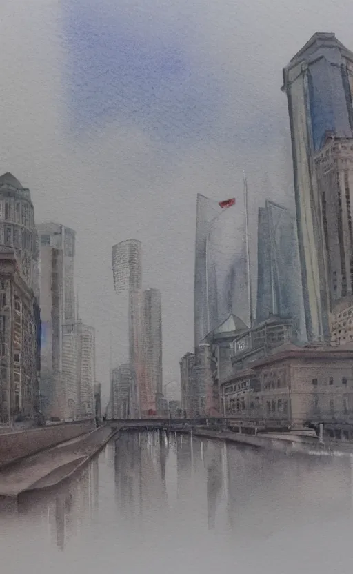 Image similar to A watercolor depicting an empty Shanghai Bund, gloomy weather, high contrast, smooth, by Joseph Zbikowicz, 8k