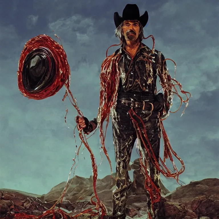 Prompt: 1 9 7 0's spaghetti western film octane render portrait by wayne barlow and carlo crivelli and glenn fabry, a man wearing a shiny black latex suit and cowboy hat covered in colorful slime, standing in a scenic western landscape, cinema 4 d, ray traced lighting, very short depth of field, bokeh