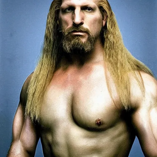 Prompt: a renaissance portrait of Triple H with long flaxen blond hair