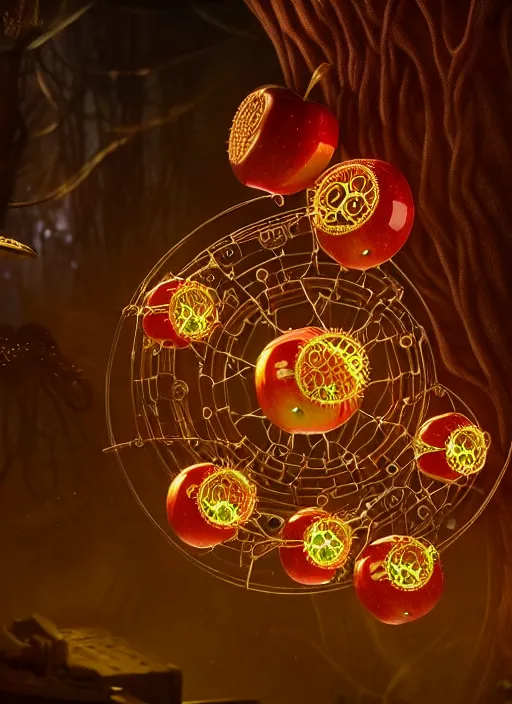 Prompt: intricate mechanical translucent apples with visible gears and components inside, growing off a tree, on the background of a weird magical mechanical forest. Very detailed 8k. Fantasy cyberpunk horror. Sharp. Cinematic post-processing