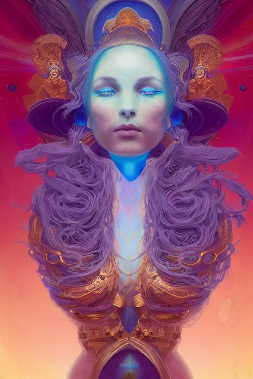 Prompt: goddess of space and dreams, coherent design, symmetrical, concept art, trending on artstation, vivid color, complementary color, golden ratio, detailed, sharp lines, sharp focus, intricate, rainbowshift, peter mohrbacher, gustave dore, maxfield parrish, alphonse mucha, artgerm, deviantart, octane render