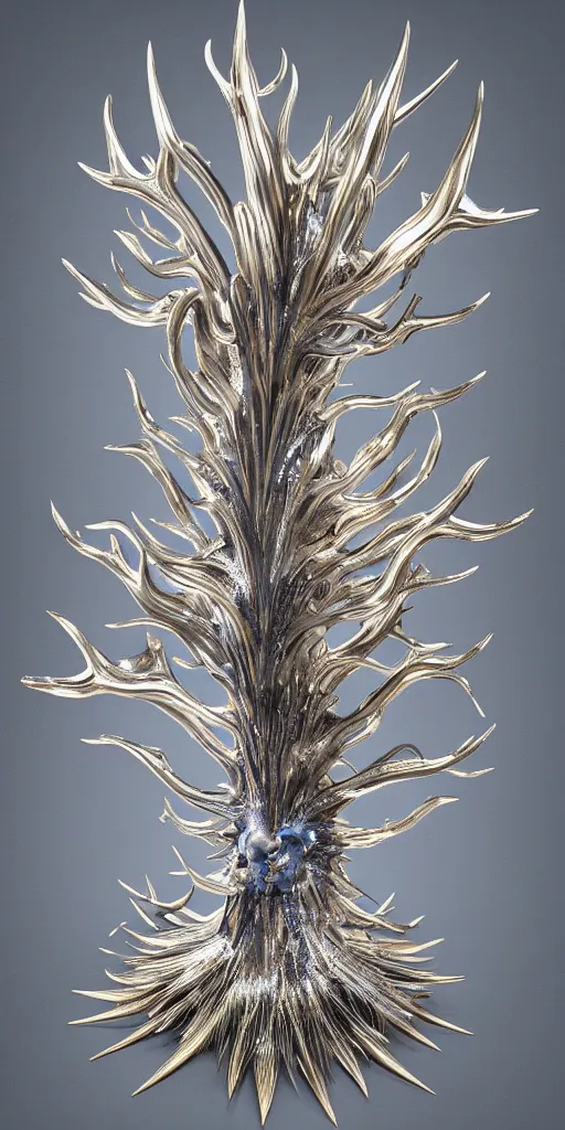 Image similar to a photorealistic render of a metallic neotribal spiky glaucus atlanticus sculpture, made of melted plastic and marble, c 4 d, by zhelong xu and ernst haeckel, wide angle, hyper realistic, plain background, 8 k, volumetric lightning, octane render