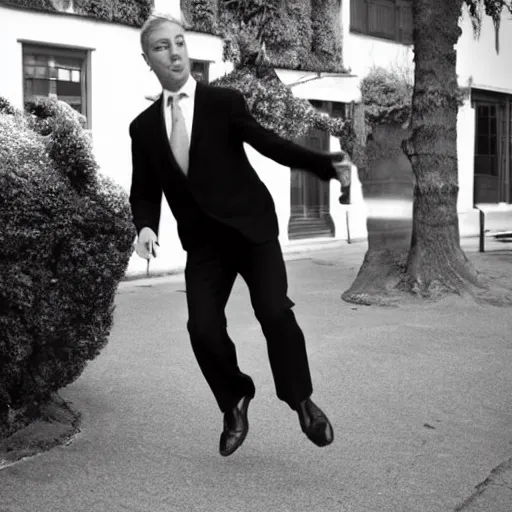 Image similar to a handsome man auditing for the ministry of silly walks.