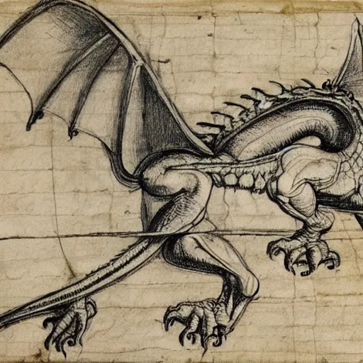 Image similar to extremely detailed anatomy sketch of a dragon by leonardo da vinci, aged parchment