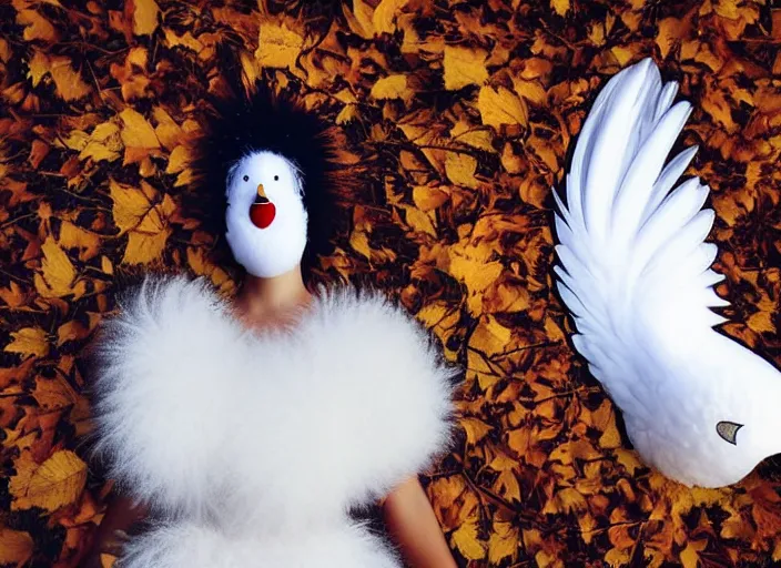 Image similar to realistic photo portrait of the woman volleyball team white cotton fluffy bird white carnival costumes shorts, fluffy pigeon head face portrait, wood in autumn, grey dusk sky with black clouds 1 9 9 0, life magazine reportage photo,