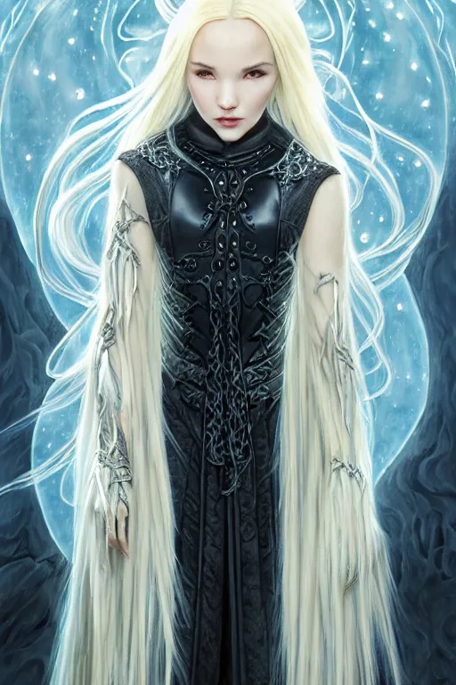 Prompt: mystical gothic mage blonde braided hair bioluminescent eyes dove cameron in the mountain, heavy cloak, black leather accents, cloth jerkin, dead plants, fantasy character portrait, ultra realistic, intricate, elegant, highly detailed, digital painting, artstaion, smooth, sharp, focus, illustration, art by artgerm and greg rutkowski and alphonse mucha