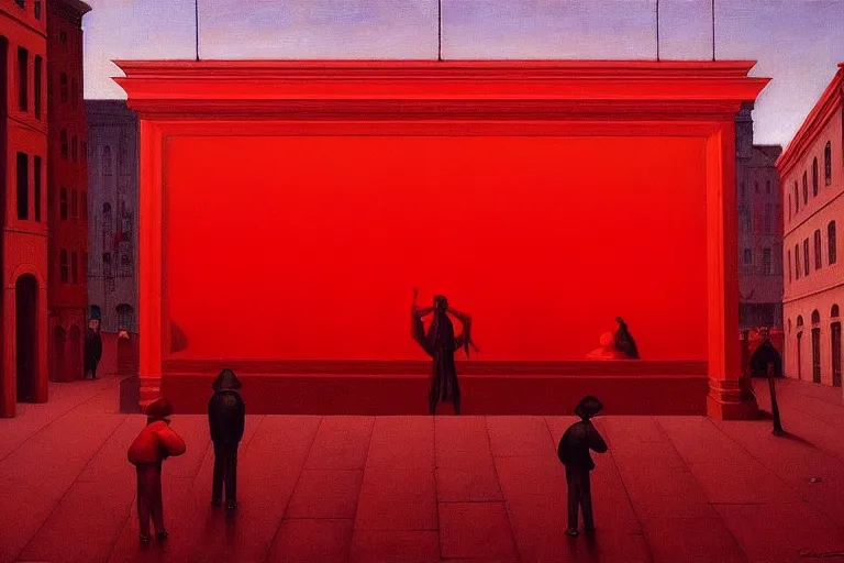 Image similar to only with red, crowd delirious at the sight of a painting, in a city square, in the style of beksinski, parts by edward hopper, parts by rodcenko, parts by yue minjun, intricate and epic composition, red by caravaggio, insanely quality, highly detailed, masterpiece, red light, artstation, 4 k