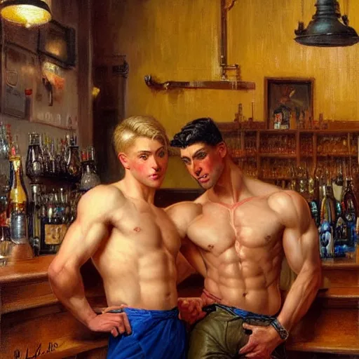 Prompt: attractive muscular male with brunet hair and attractive muscular male with blond hair. pants and shorts, drinking their hearts out, in a pub. very defined and detailed painting by j. c. leyendecker, gaston bussiere, craig mullins 8 k