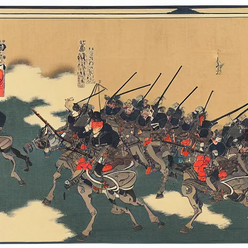 Prompt: The charge of the light brigade with robotic horses, steampunk, dramatic lighting, heavy weapons fire, energy weapons, light fog, ukiyo-e by Hokusai