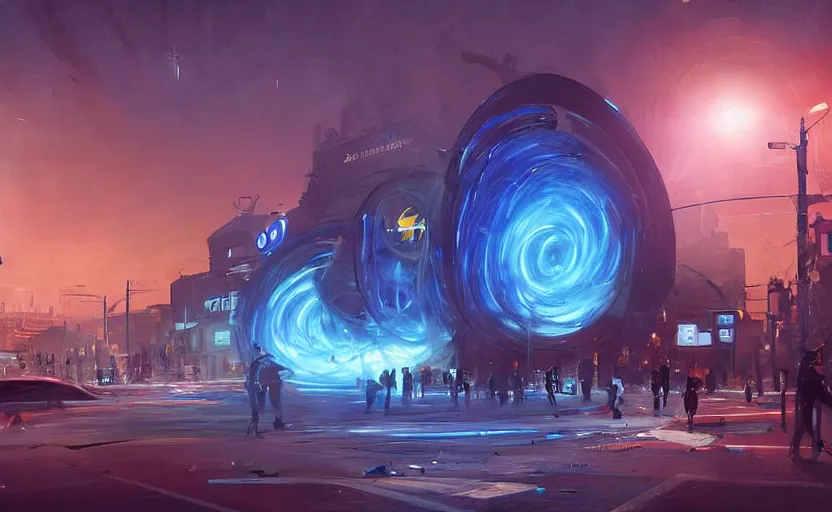 Image similar to people with posters attacking cops, a huge blue spiral - shaped white luminous attractor is floating on the horizon near the sun, stores in los angeles with light screens all over the street, concept art, art for the game, professional lighting, dark night lighting from streetlights, by ilya repin